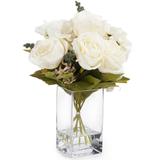 Enova Home Mixed Artificial Silk Roses and Hydrangea Fake Flowers in Glass Vase with Faux Water for Home Office Decoration - N/A
