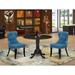 East West Furniture Kitchen Table Set- a Round Dining Table and Blue Linen Fabric Chairs, Wire brushed Black (Pieces Option)