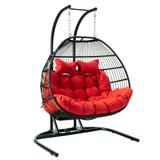 LeisureMod Black Wicker 2-seat Folding Hanging Egg Swing Chair