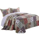 Chicago 3 Piece Fabric Full Bedspread Set with Jacobean Prints, Multicolor