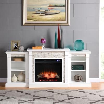 SEI Furniture Remote Controlled LED Electric Fireplace with Mantel in White Stone and Storage