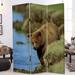 3 Panel Foldable Wooden Screen with Bear Print, Blue and Brown