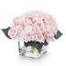 Enova Home Artificial Silk Hydrangea Fake Flowers Arrangement in Cube Glass Vase with Faux Water for Home Office Wedding Decor