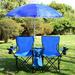 Arlmont & Co. Foldable Picnic Camping Double Chair w/ Umbrella Metal in Blue | 67 H x 60 W x 20.5 D in | Wayfair 54F62C2A490B45A9BD067BBFD3353159