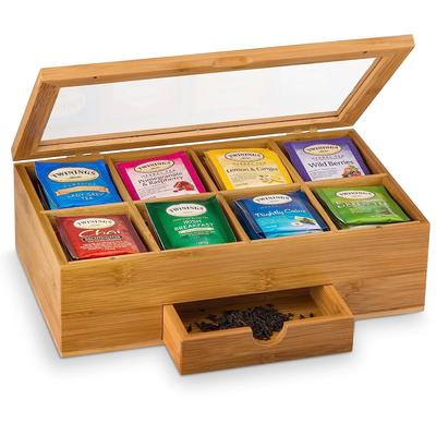 Tea Bag Organizer - Tea Organizer: Wooden Tea Box with 8 Compartments, Acrylic Window, and Magnetic Lid, Made of Bamboo