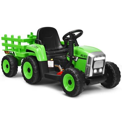 12V Kids Ride On Tractor with Trailer Ground Loader-Green