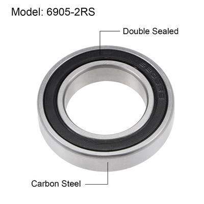 6905-2RS Deep Groove Ball Bearings Z2 25x42x9mm Double Sealed Carbon Steel 2pcs - 25mmx42mmx9mm