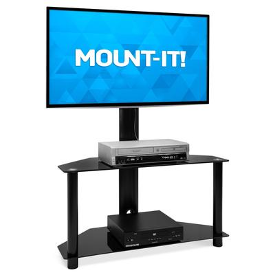 Mount-It! Floor TV Stand with Mount and Tempered Glass Shelves | Fits 32-55 Inch TVs - Black