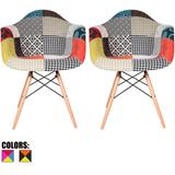 Set of 2 Multi Color Modern Upholstered Fabric Multi-Pattern Patchwork Chair Light Natural Eiffel Wood Leg Dining Room