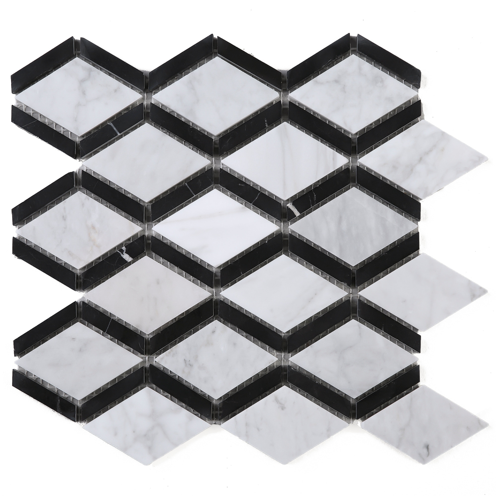 TileGen. Diamond Shape Random Sized White Carrara Marble Mosaic Tile in Black/White Floor and Wall Tile (10 sheets/7.3sqft.)