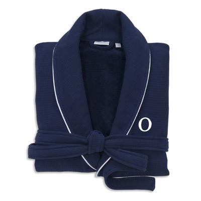 Authentic Hotel and Spa Navy Blue Unisex Turkish Cotton Waffle Weave Terry Bath Robe with White Block Monogram