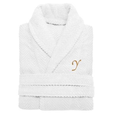 Authentic Hotel and Spa White with Gold Monogrammed Herringbone Weave Unisex Bath Robe