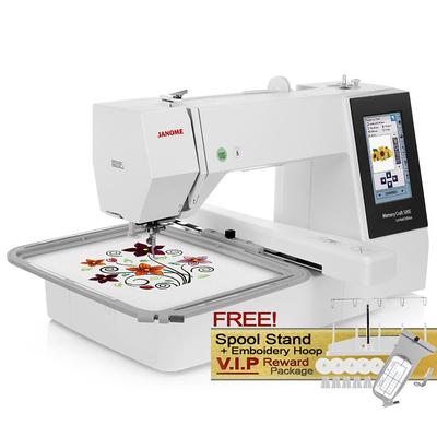 Janome Memory Craft 500e LE Embroidery Machine Bundle - Includes 5-Spool Thread Stand + 3.9" x 1.6" Hoop + Acustitch Software