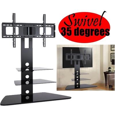 NEW TV Stand - Modern Universal Integrated Monitor Featuring 35 Degree Swivel & 3 Black Glass Shelf Surfaces