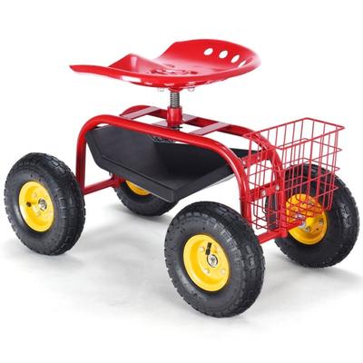 Red Garden Cart Rolling Work Seat With Heavy Duty Tool Tray Gardening Planting - 33" x 16" x 22" (L x W x H)