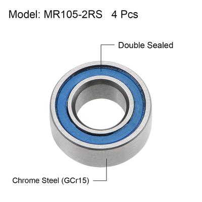 MR105-2RS Ball Bearings Z2 5x10x4mm Double Sealed Chrome Steel Seal 4pcs - Blue