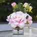 Primrue 3 Large Silk Roses Flower Arrangement In Clear Glass Vase w/ Faux Water Silk in Pink/Indigo | 8 H x 7 W x 7 D in | Wayfair
