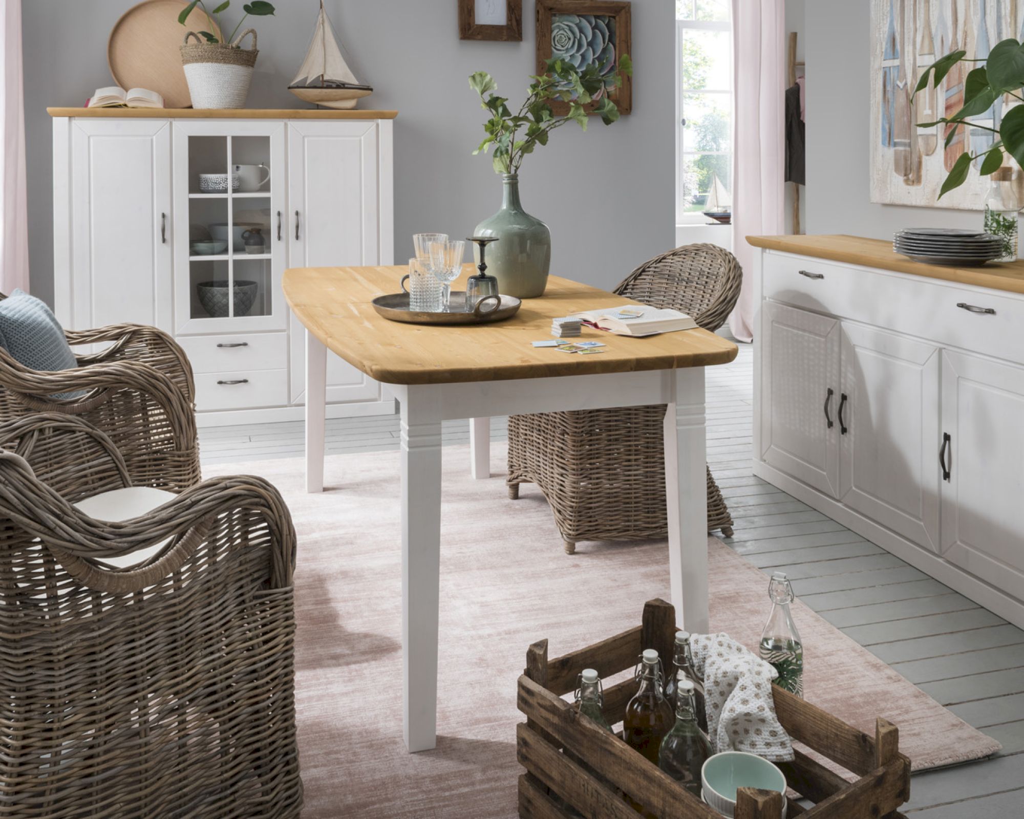 Massivholz »Adela« Esstisch ausziehbar 200x90 cm / Kiefer massiv - weiße Absetzungen gebeizt/geölt