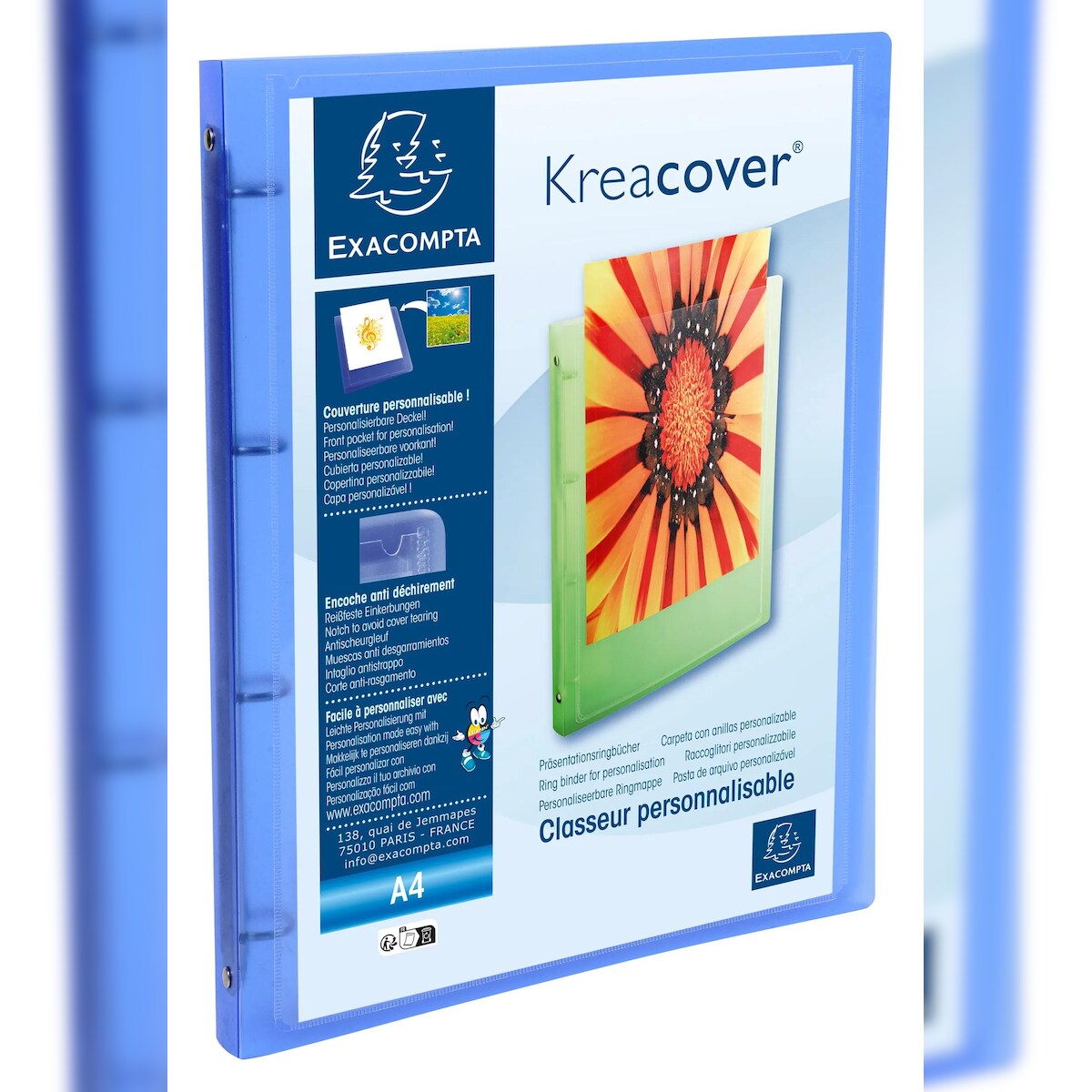 Exacompta Ringhefter A4, 32x25cm, Rücken 20mm, 4 Ringe 15mm, aus PP 500µ, blau, 12 Stück Image