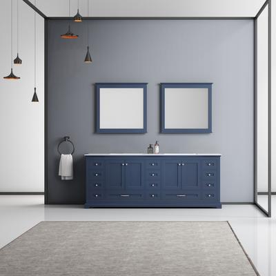 84 inch Navy Blue Double Vanity Set with White Carrara Marble Top with White Ceramic Square Undermount Sinks and 34 inch Mirrors - Lexora Home LD342284DEDSM34
