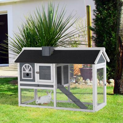 PawHut Rabbit Hutch with Roof Slide-out Tray Ramp 47.25" L x 23.5" W x 31" H, Grey & White