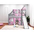 Zoomie Kids Johannes Solid Wood Twin Low Loft Bed w/ Ladder Slide Tent & Tower in Pink/Gray | 87.5 H x 80 W x 84.75 D in | Wayfair