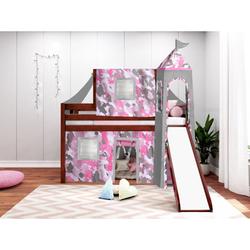 Zoomie Kids Johannes Solid Wood Twin Low Loft Bed w/ Ladder Slide Tent & Tower in Pink | 87.5 H x 80 W x 84.75 D in | Wayfair