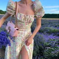 Wsevypo-Robe mi-longue à manches bouffantes à fleurs pour femmes robe florale à lacets col carré