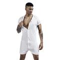 Mens Onesie Henley Jumpsuit Adult Stretchy Silk Pajamas Lounge Shirt One Piece Garment White L