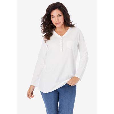 Plus Size Women's Ultimate Long Sleeve Henley Tee with Sweetheart Neck by Roaman's in White (Size L) 100% Cotton Shirt
