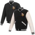 Men's JH Design Black/White Minnesota Vikings 19 Mens Reversible Fleece Jacket W/ Faux Leather Sleeves