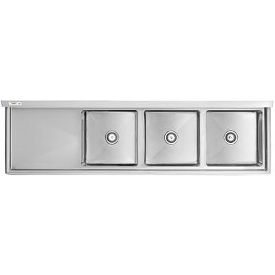 Regency 84 1/2" 16 Gauge Stainless Steel Three Compartment Commercial Sink with Stainless Steel Legs, Cross Bracing, and 1 Drainboard - 18" x 18" x 14" Bowls - Left Drainboard