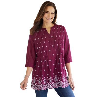 Plus Size Women's Embroidered Pintuck Tunic by Woman Within in Deep Claret Eyelet Embroidery (Size 4X)