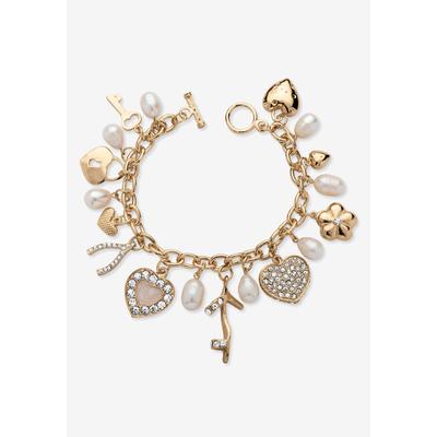 Women's Gold Tone Charm Bracelet Crystal and Cultured Freshwater Pearl 8" by PalmBeach Jewelry in Crystal