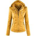 Newbestyle Faux Leather Jacket for Women Hooded Moto Biker Jacket Zip-Up Pleated Jacket Casual Coat Tops Yellow S