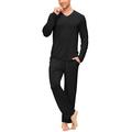 MoFiz Mens Pyjamas Sets Soft Two Piece Pjs Sets Long Sleeve Lounge-wear Top & Bottoms Trousers Sleepwear Pockets Black Size L