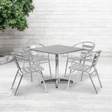 31.5" Square Aluminum Indoor-Outdoor Table Set with 4 Slat Back Chairs