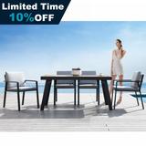 HIGOLD Nofi 7 Pieces Outdoor Dining Set with Umbrella Hole, Grey Cushions, Matte Charcoal , Imitated Teak Aluminum Tabletop