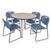 Kee 48" Round Breakroom Table- Chrome & 4 Zeng Stack Chairs- Blue