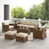 Bradenton 7Pc Outdoor Wicker Sofa Set Sand/Weathered Brown - Sofa, Coffee Table, Side Table, 2 Armchairs & 2 Ottomans - Crosley KO70185WB-SA