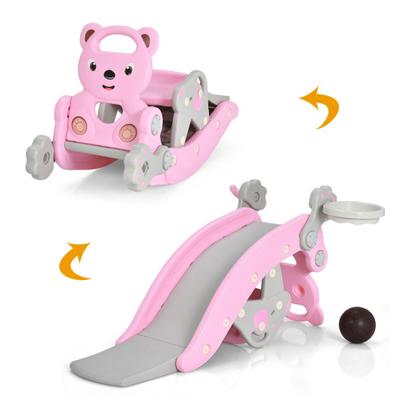 Costway 4-in-1 Toddler Slide and Rocking Horse Playset with Basketball Hoop-Pink