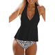 Beachsissi Women Two Piece Swimsuits Removable Padded Cute Girl Leopard Print Halter V Neck Tankini Sets, Black, M