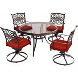 Hanover Traditions 5-Piece Dining Set in Red with a 48 In. Glass-top Table