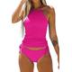 Beachsissi Women Two Piece Beachsuits Padded Drawstring Side Swimwear Halter Neck Leopard Print Tankini Sets, Rose Red, S