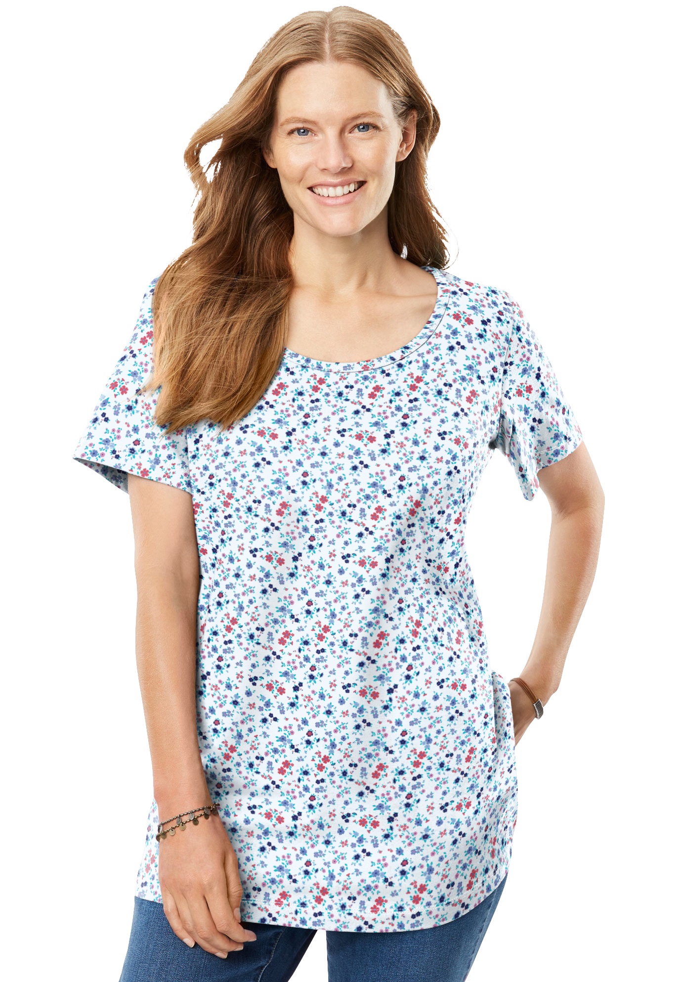 Plus Size Women's Perfect Printed Short-Sleeve Scoopneck Tee by Woman Within in White Lovely Ditsy (Size M) Shirt