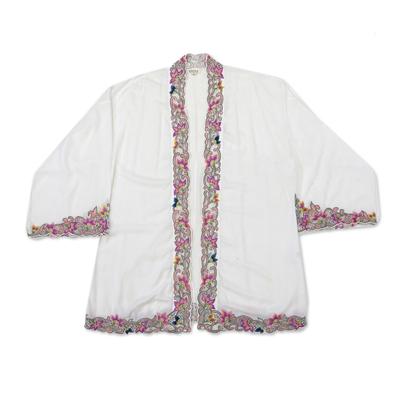 Lily Blossom in White,'Embroidered Cotton Kimono Jacket from Bali'