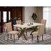 East West Furniture Dining Table Set- a Wooden Table & Light Sable Linen Fabric Chairs, Distressed Jacobean(Pieces Options)