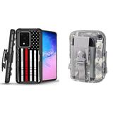 Bemz Armor Samsung Galaxy S20+ Plus 6.7 inch Case Bundle: Heavy Duty Rugged Holster Combo Protection Cover with 600D Waterproof Nylon Material Storage Pouch - (Thin Red Line Flag/ACU Pixel Camo)