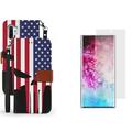 BC Infolio Series Wallet PU Leather Card Slots Magnetic Flip Cover Case with Tempered Glass Screen Protector and Atom Cloth Compatible with Samsung Galaxy Note 10+ Plus/5G - USA Skull Flag