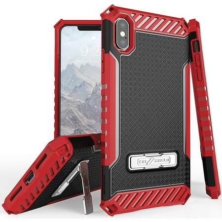 Case for iPhone Xs Max Red Tri-Shield Rugged Cover [with Metal Kickstand + Wrist Strap Lanyard] for Apple iPhone Xs Max (Size 6.5 model) (iPhone 10s Max)